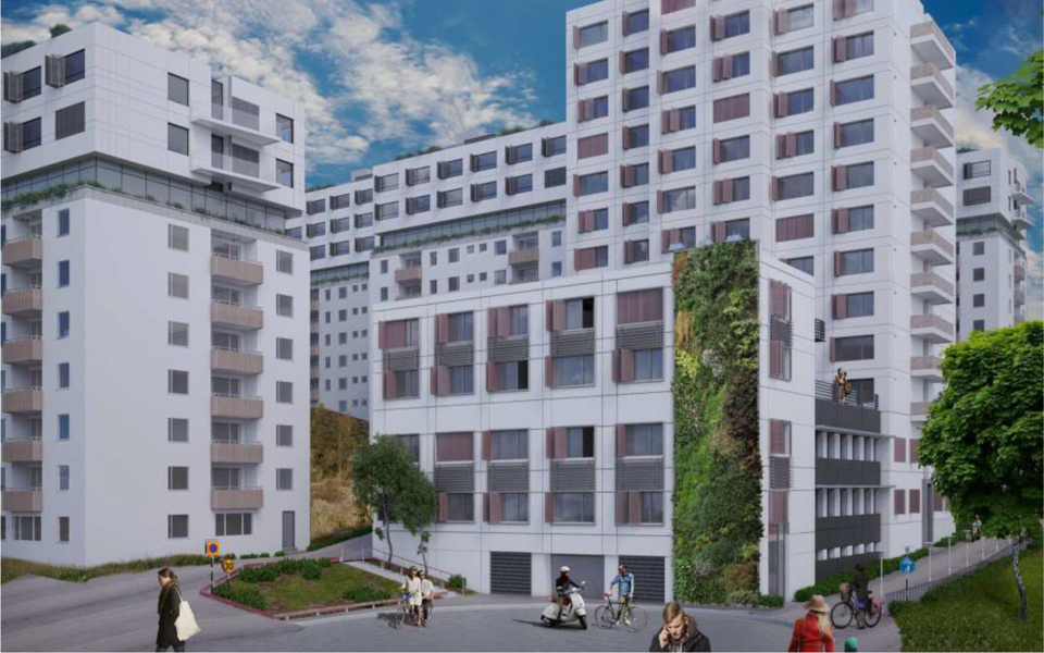 Vy över område med flera flerbostadshus i vitt, människor i rörelse, illustration.